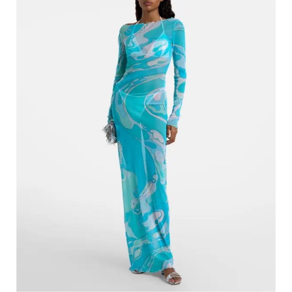 Emilio Pucci Lightweight Mesh Long Sleeve Printed Floor Length Dress
